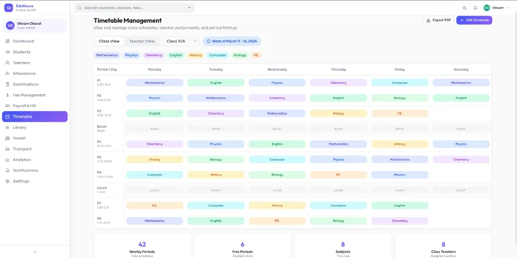 Timetable management screen from a school ERP